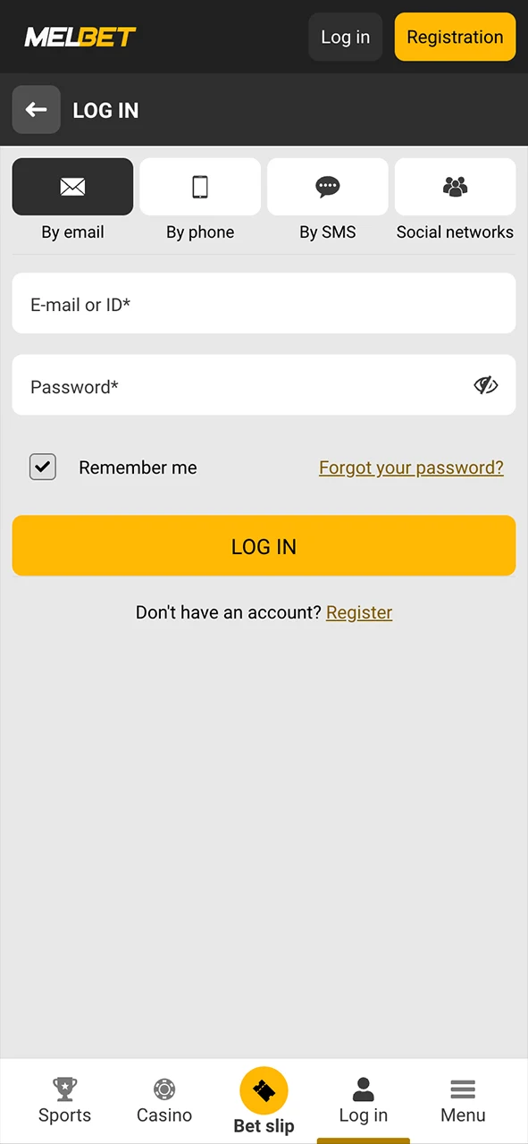 Log in or register through the Melbet app for Android.