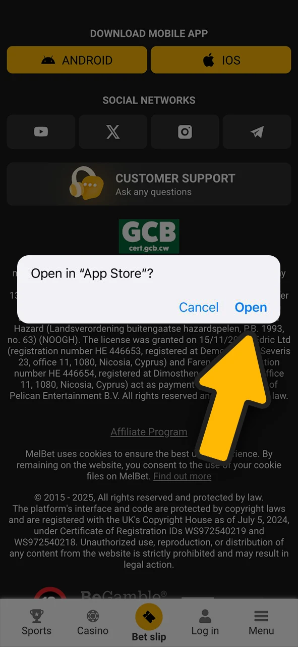 Install the Melbet application on your iOS device.