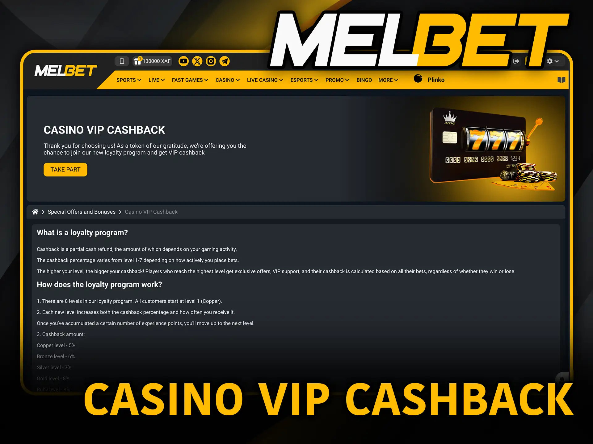 Casino vip cashback at Melbet increase your winnings.