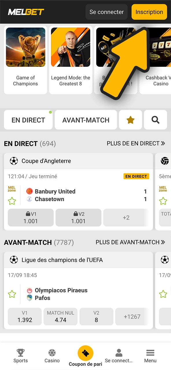 Appuyer sur le bouton d’inscription Melbet.