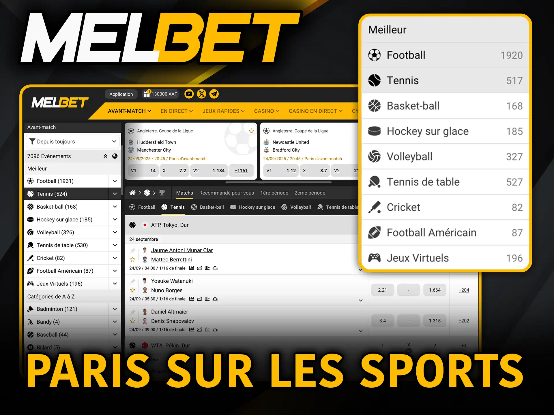 Paris sur les sports Melbet découvre les matchs et parie.