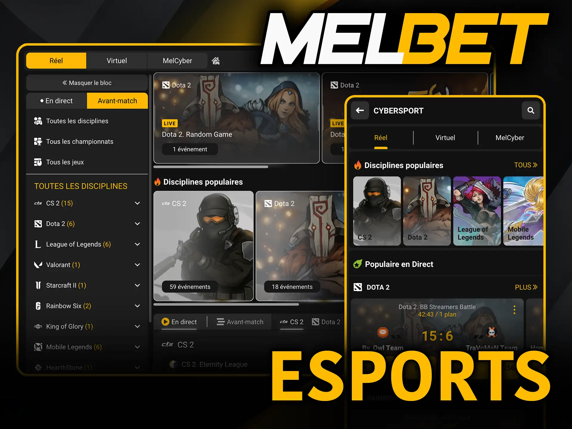 Esports avec Melbet découvre les jeux et parie en direct.