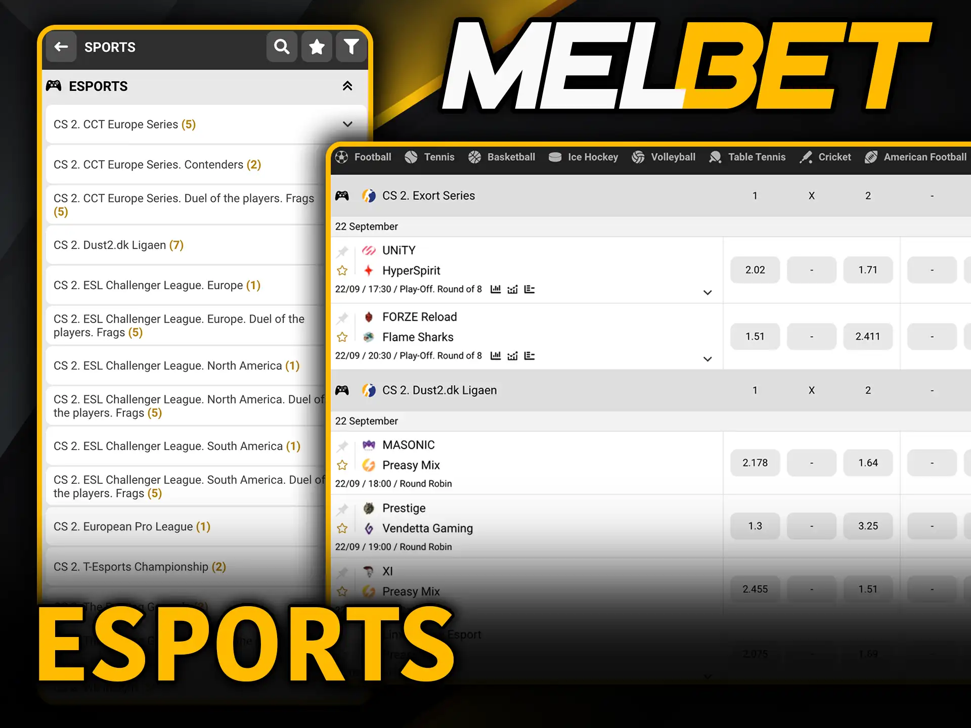 Esports betting on Melbet choose your favorite game.