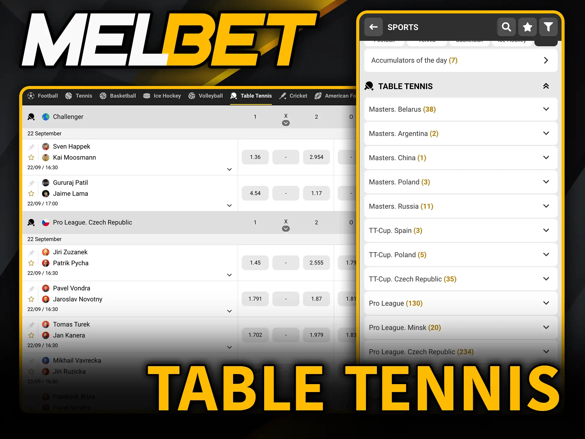 Table tennis betting at Melbet quick matches big wins.