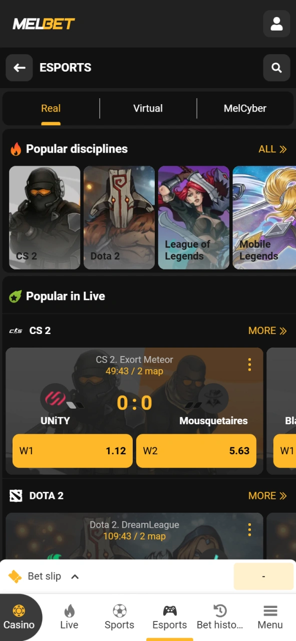 Navigate to Melbet Cameroon eSports section to place a bet.