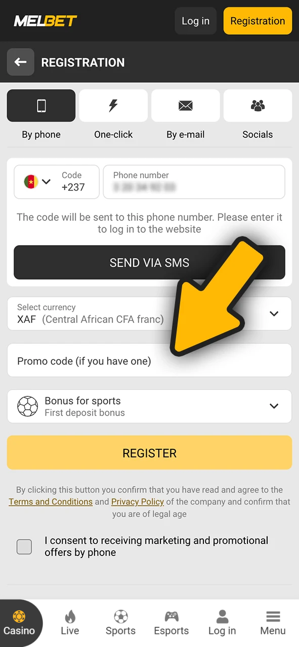 Enter eSports promo code during registering at Melbet Cameroon.