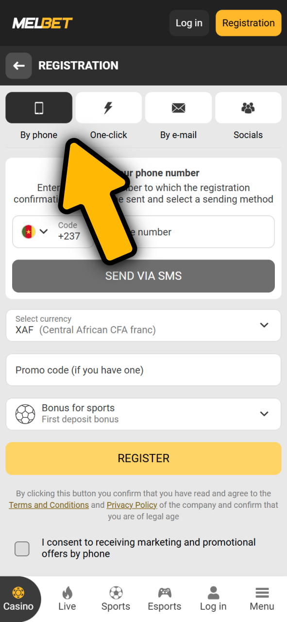 Select Melbet Cameroon registration method to bet on eSports.