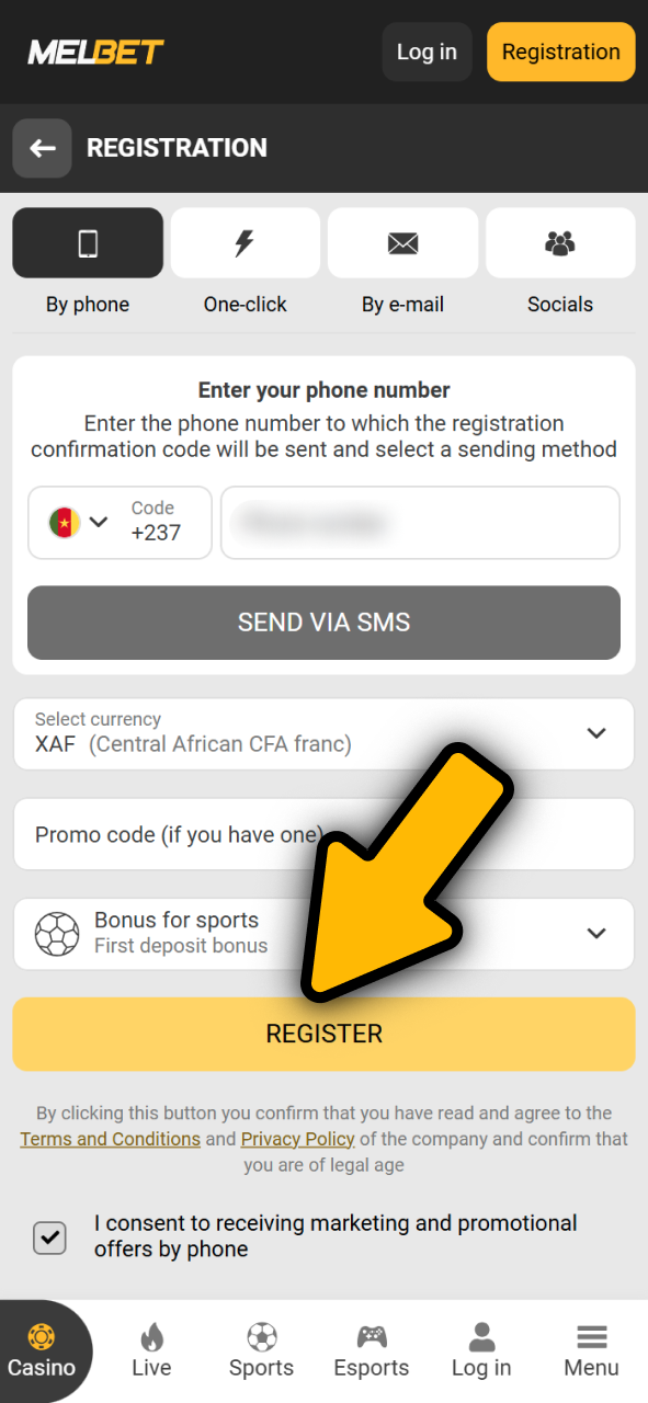 Complete creating Melbet Cameroon official account to bet on eSports.