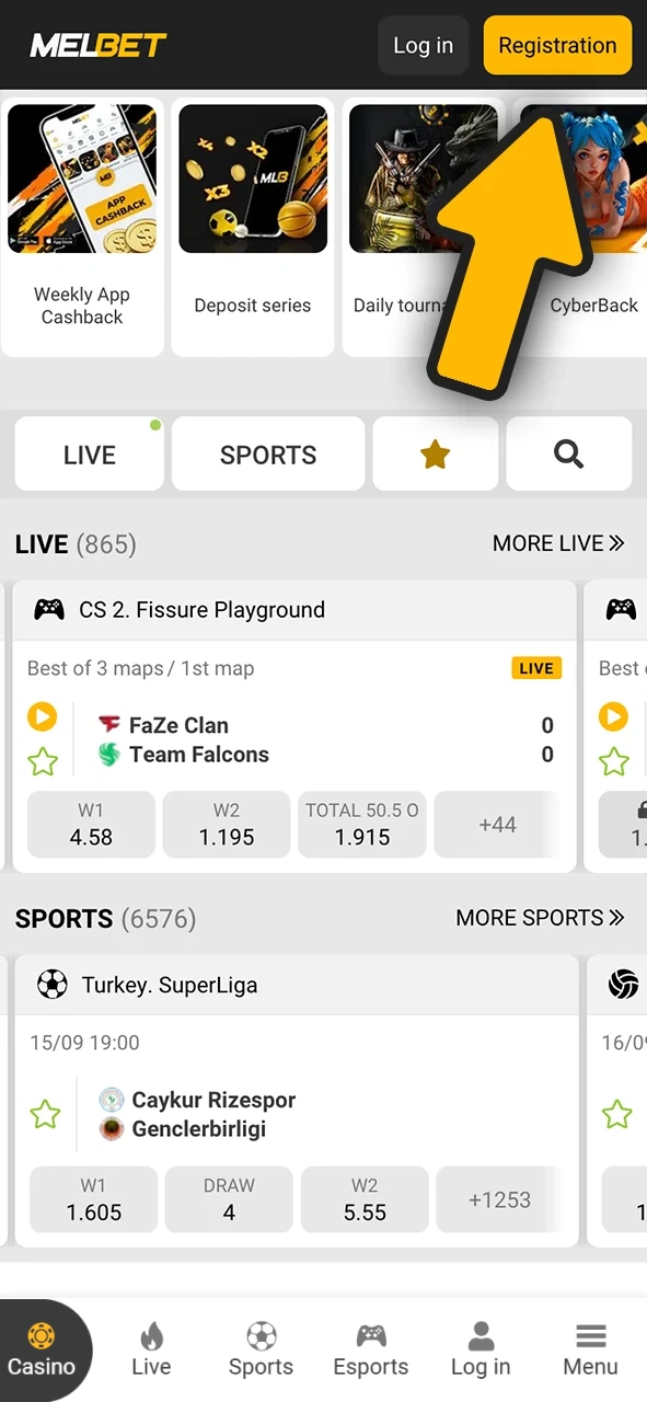 Start Melbet Cameroon registration for eSports from the main page.