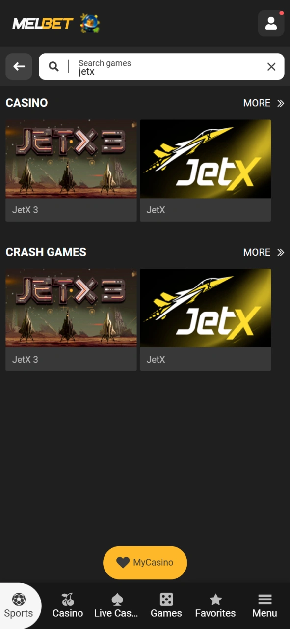 Locate JetX at the Melbet Casino platform to start playing.