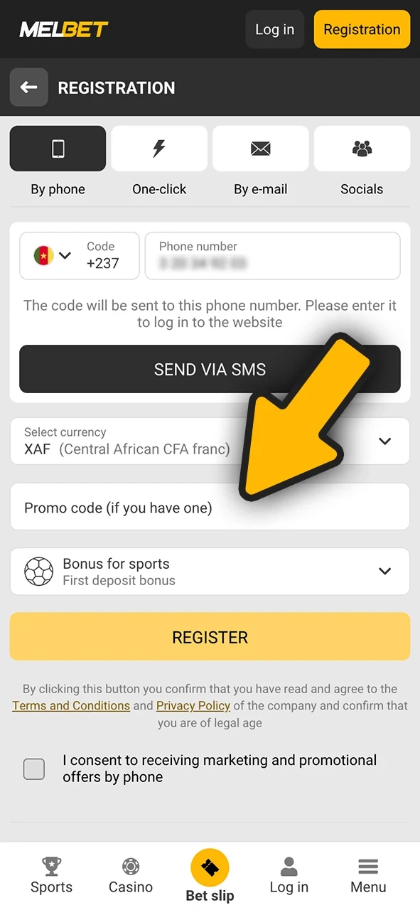 Input the registration promo code to claim the Melbet bonus.