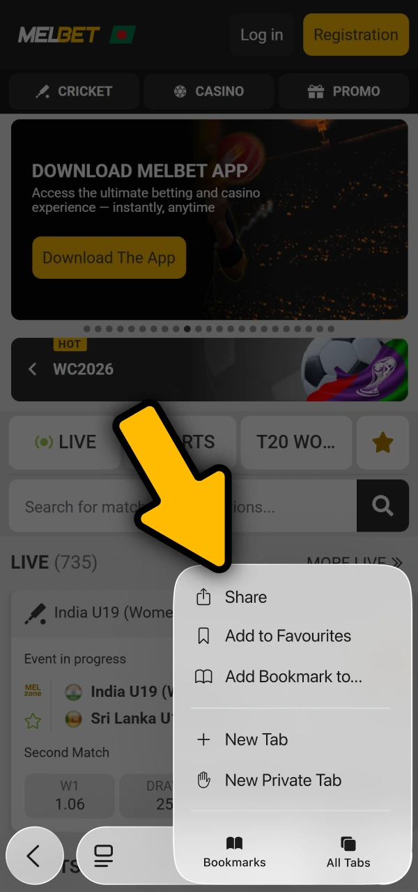 Use the share menu option to download Melbet App for iOS.