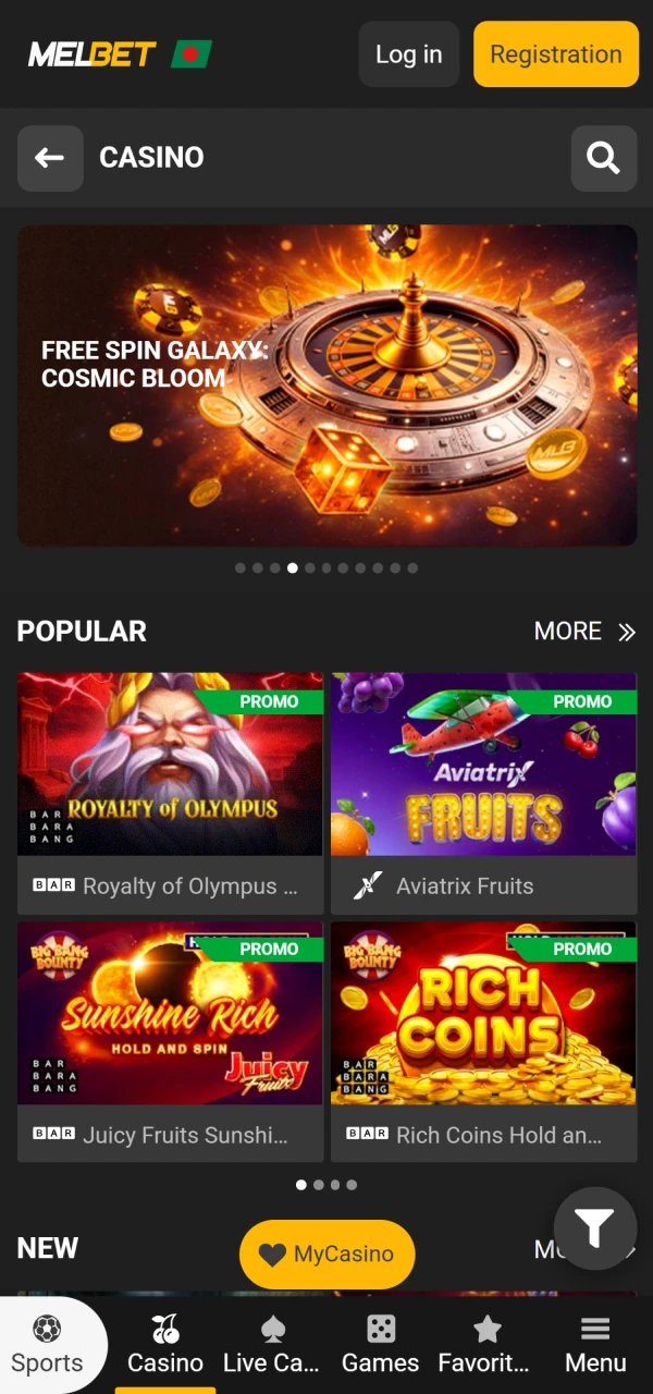 Explore the colorful gaming lobby screen of the Melbet App interface.