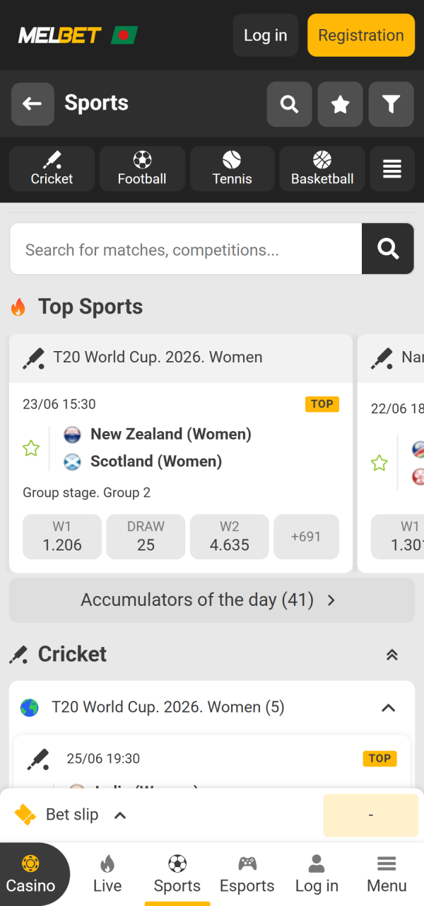 Browse the comprehensive sportsbook section within the Melbet App interface.