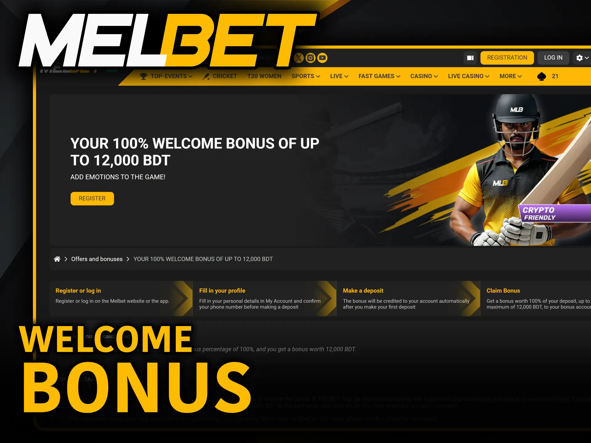 Activate the special welcome package under the Melbet Bonuses program.