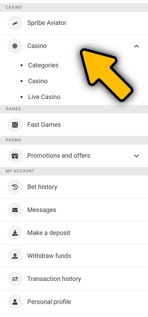 Click the main gaming button on how to start playing Melbet Casino.