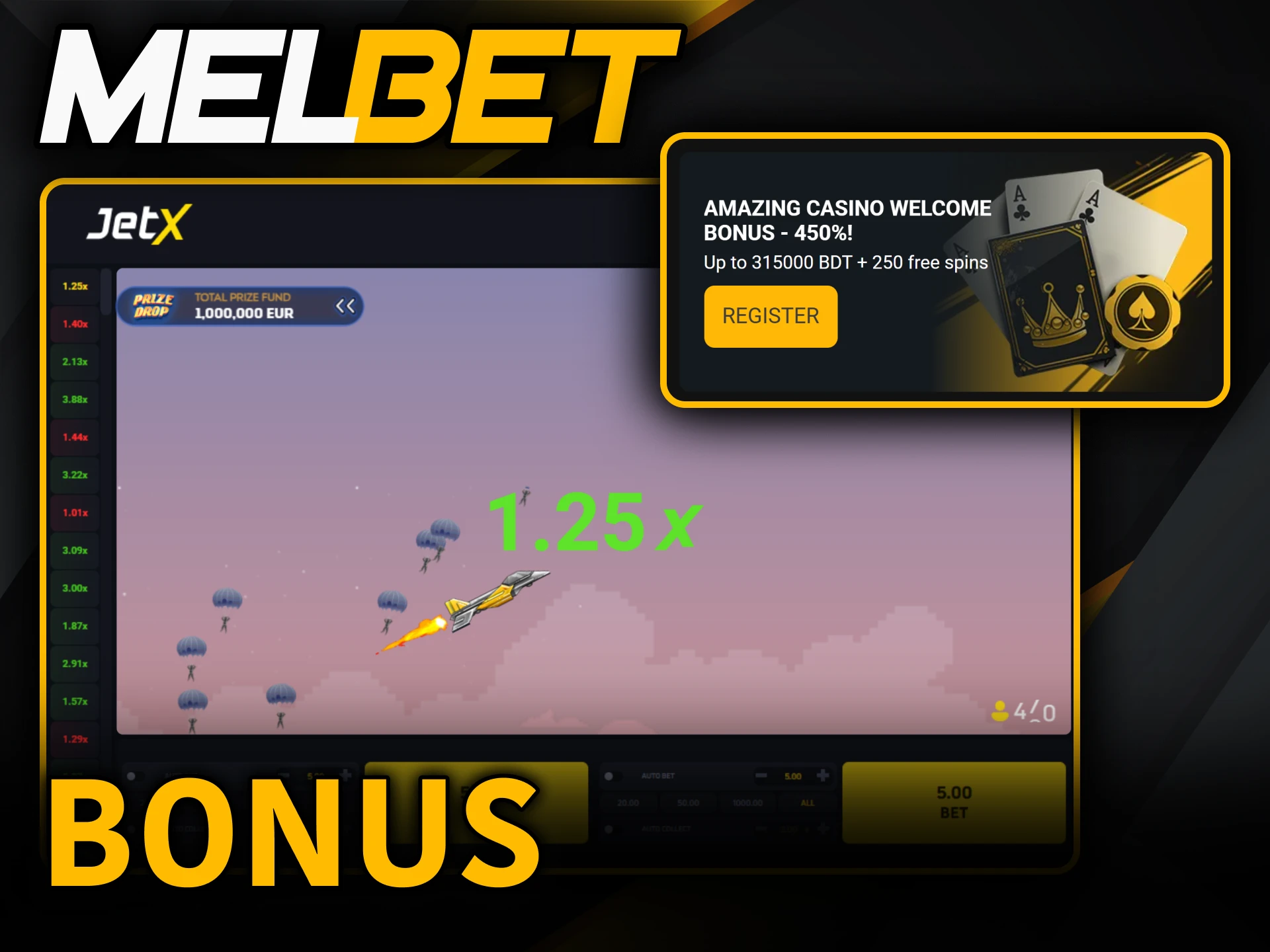 Claim your special website promo bonus to play Melbet JetX.