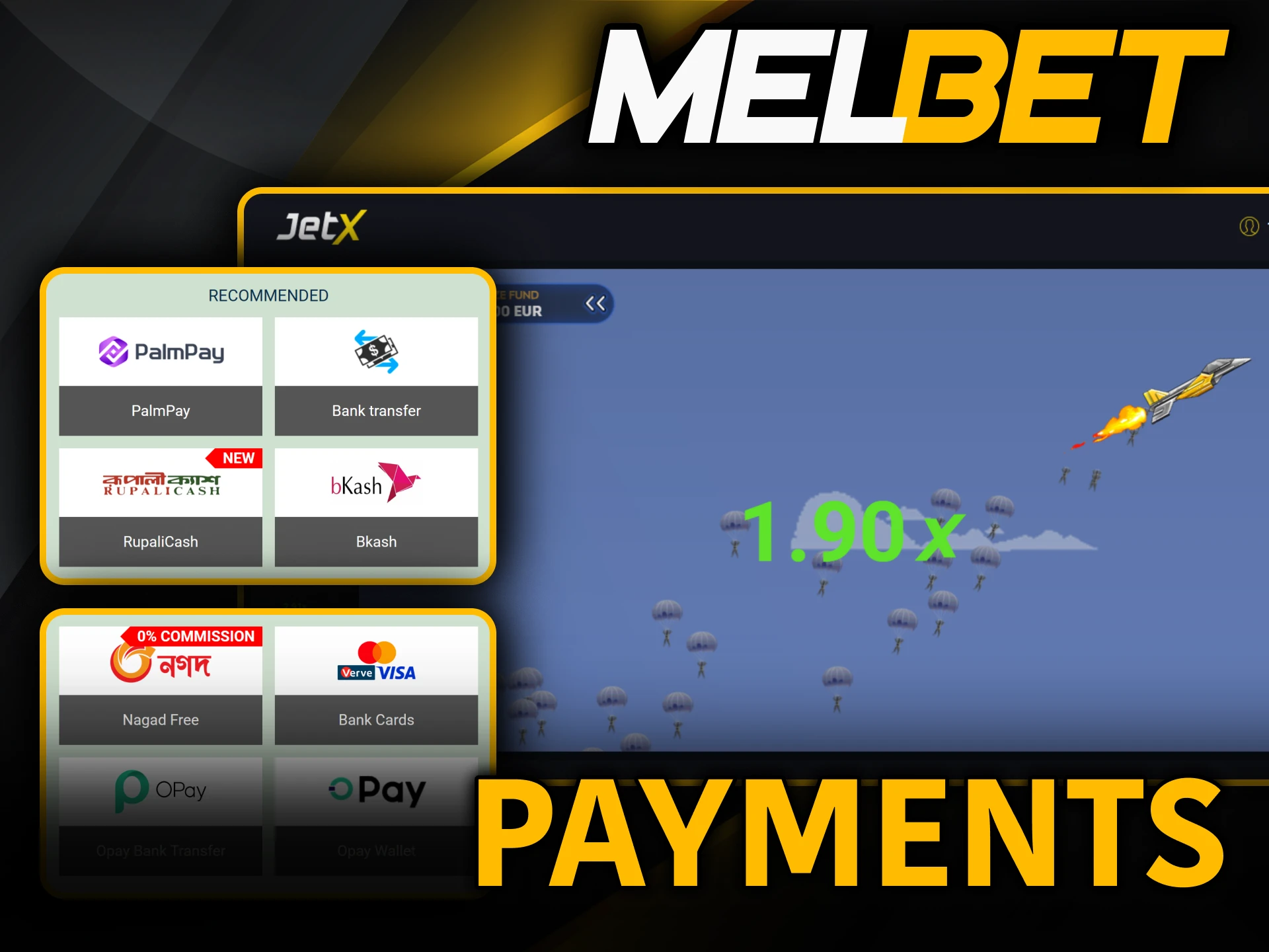 Deposit cash securely using top payment options for Melbet JetX.