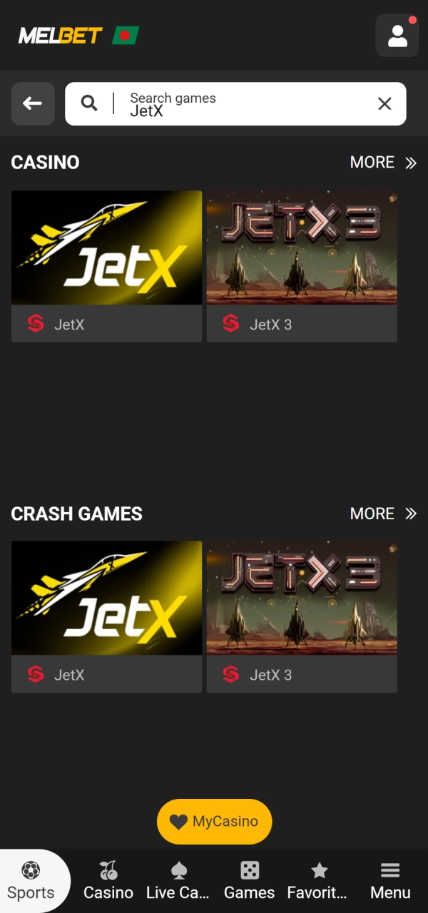 Use the search bar on how to play Melbet JetX.