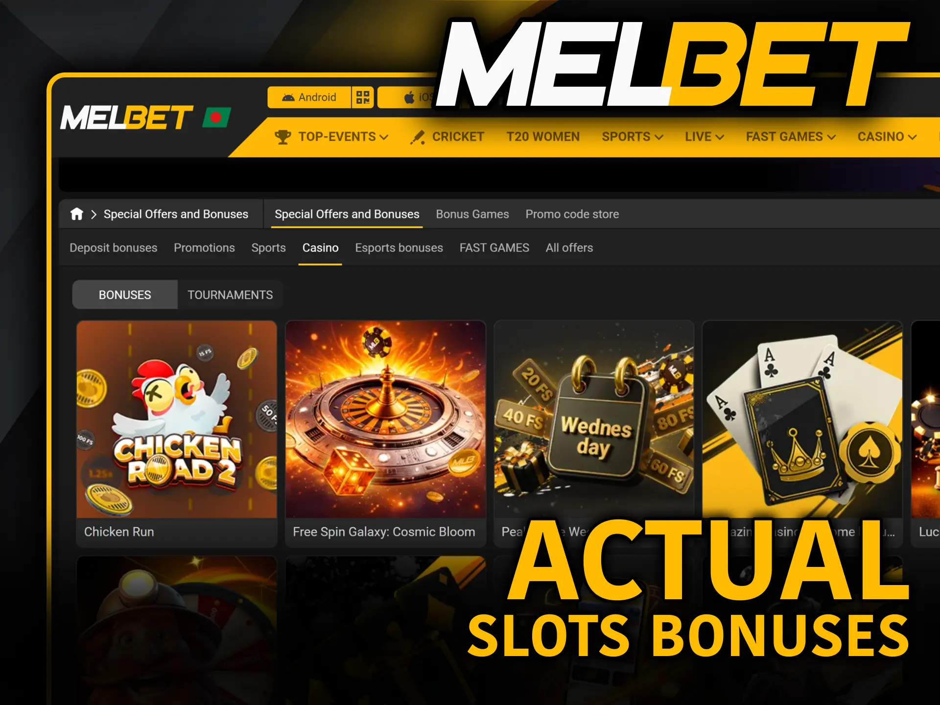 Grab active free spin packages to win big on Melbet Slots.