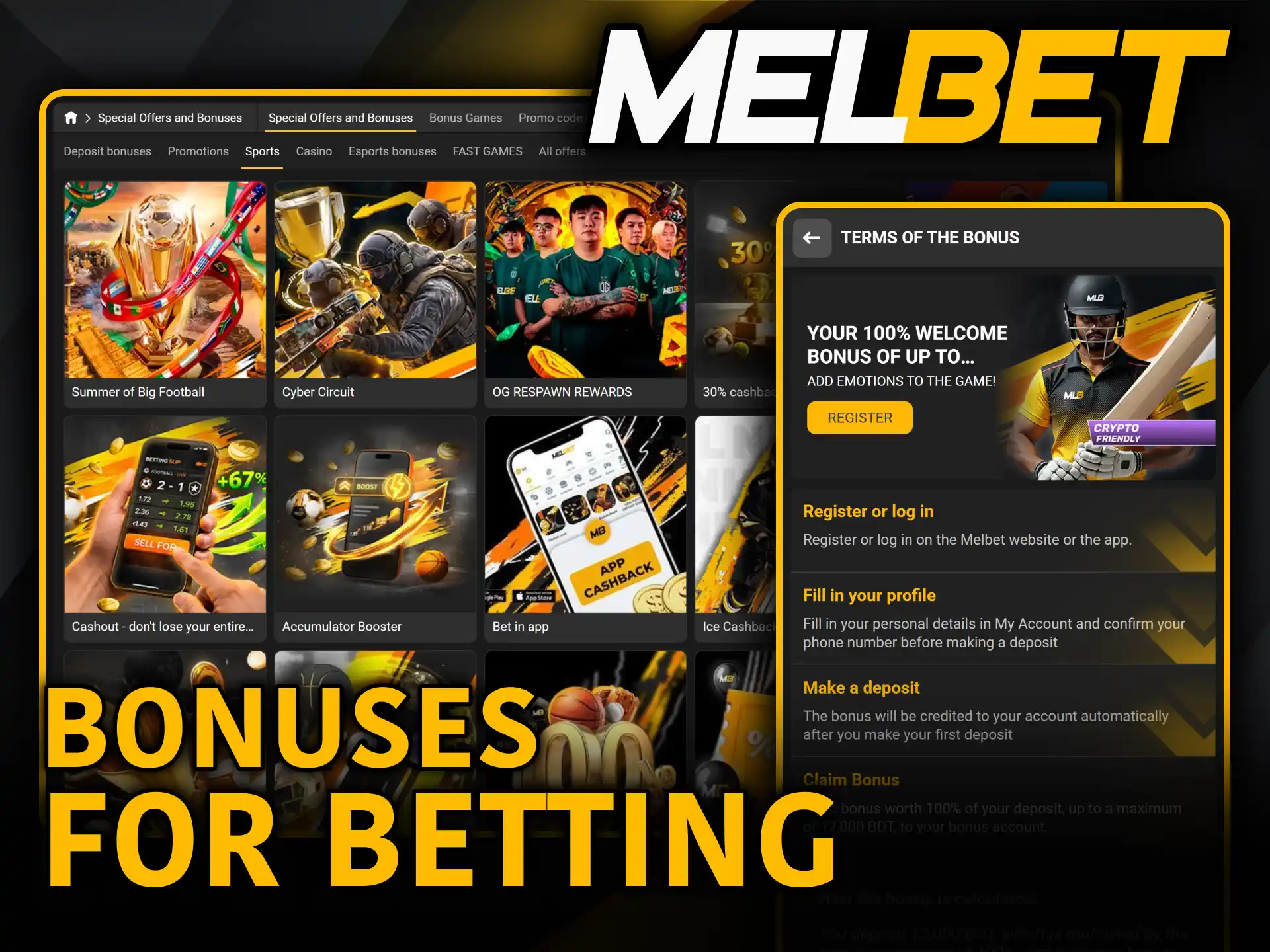Grab exclusive online promo rewards to place wagers on Melbet Sports.
